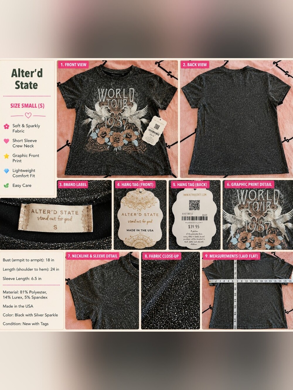 Altar'd State Black Sparkle 'World Tour 1987' Graphic Tee. ORIG.PRICE 39.95